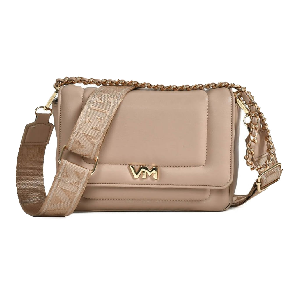 Bolsa tiracolo Via Marte creme vista frontal com alça corrente dourada